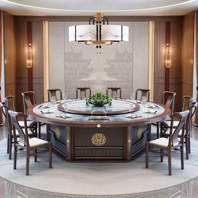 酒店聚餐大圆桌岩板实新中式旋转岩板大饭桌豪华会所电动火锅桌