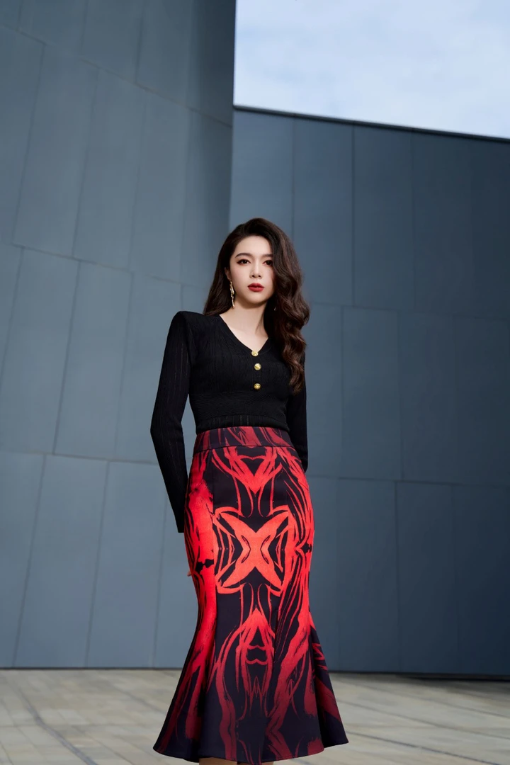 设计师款渐变印花鱼尾半裙