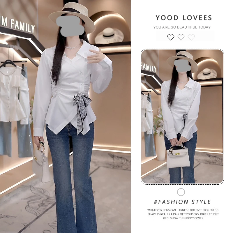 韩版气质翻领不规则长袖衬衫女装2025春秋新款超好看百搭丝巾衬衣