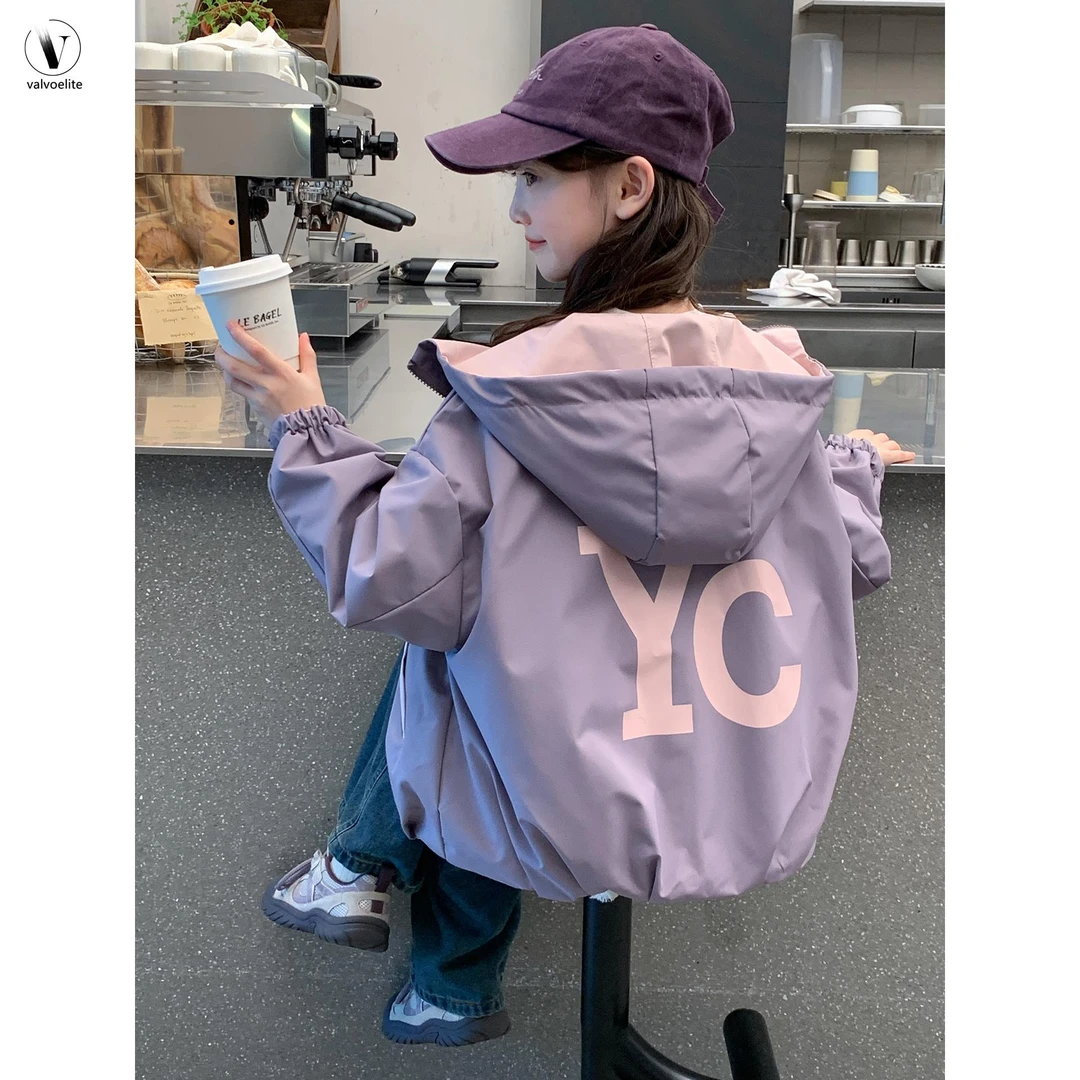 VALVOELITE女童外套春秋款2025新款洋气双面穿冲锋衣大童连帽上衣