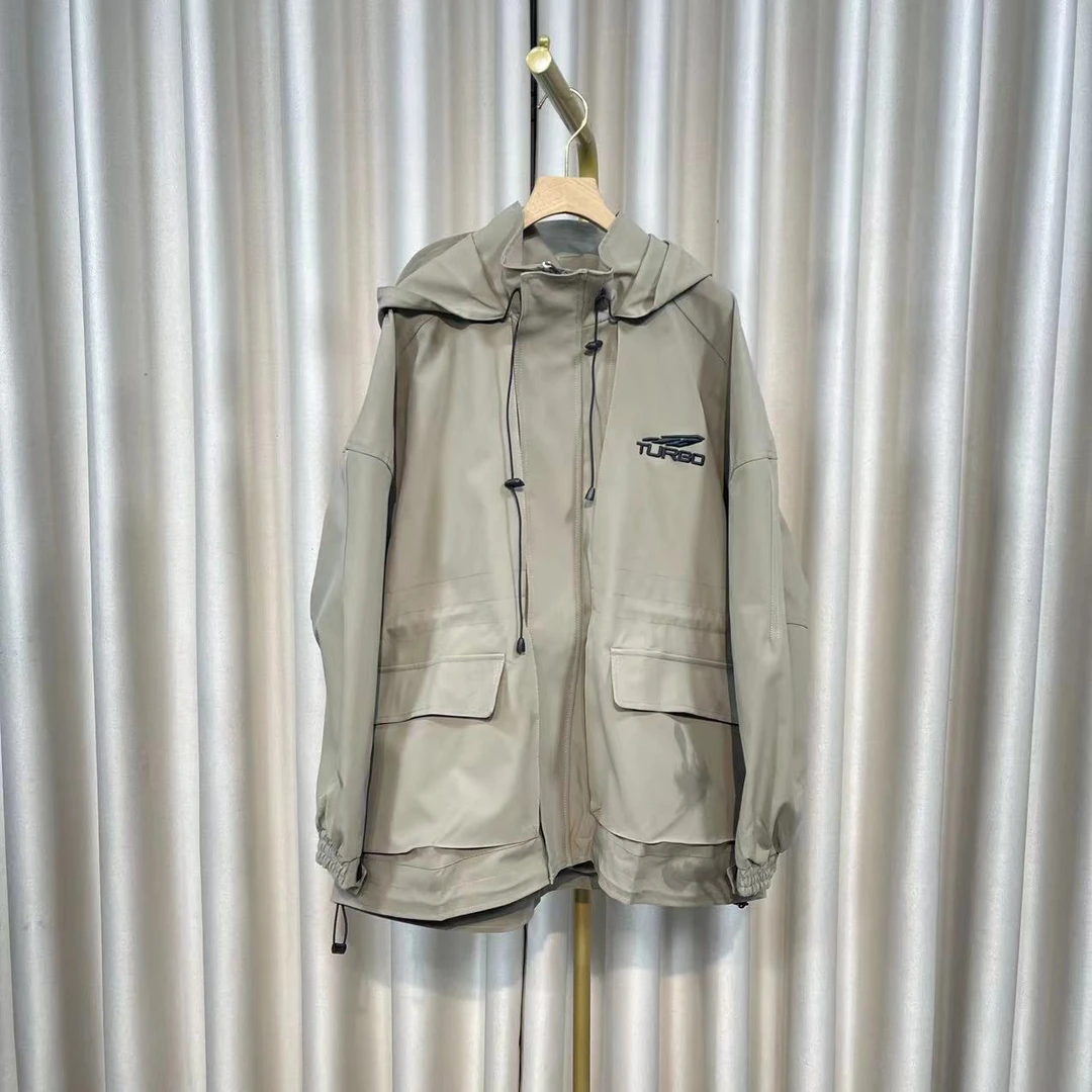 E1559欧货户外登山冲锋衣男女绣花收腰连帽中长款外套设计感R2559