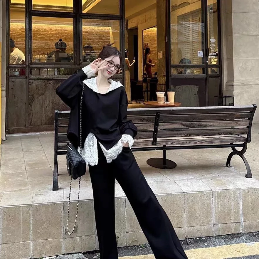 【源头厂家】胖mm黑色开叉套头卫衣女春季穿搭套装大码三件套