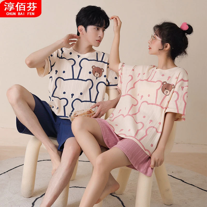 新款情侣睡衣女夏天季短袖短裤薄款男士可爱小熊家居服套装宽松