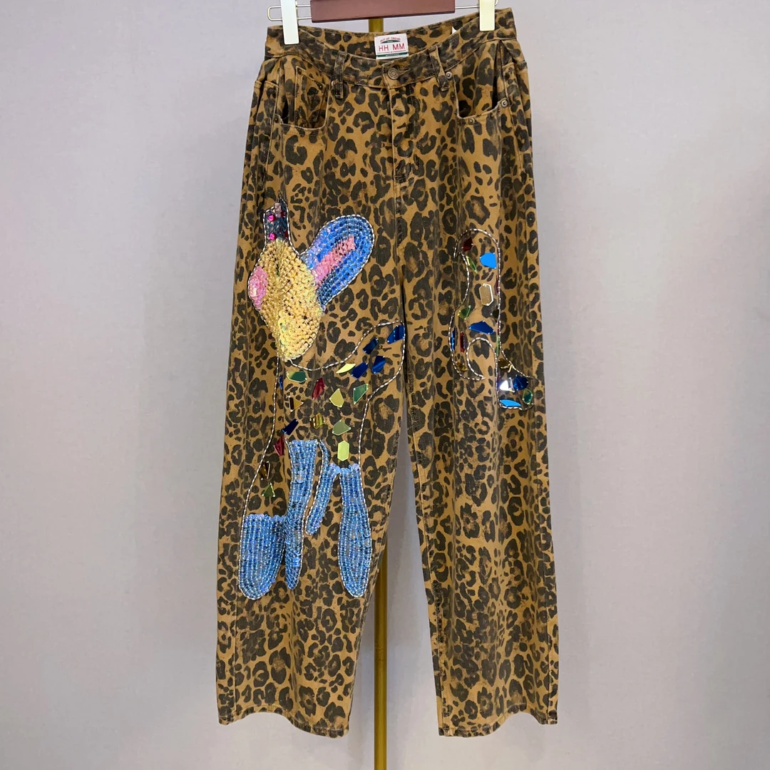 W1091锐宝潮牌手工手绣亮片设计师百搭街头风豹纹时尚个性直筒裤
