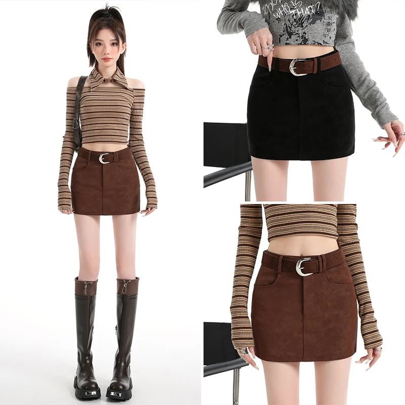 2025秋冬新款皮裙半身裙小个子高腰显瘦黑色包臀A字短裙防走光女