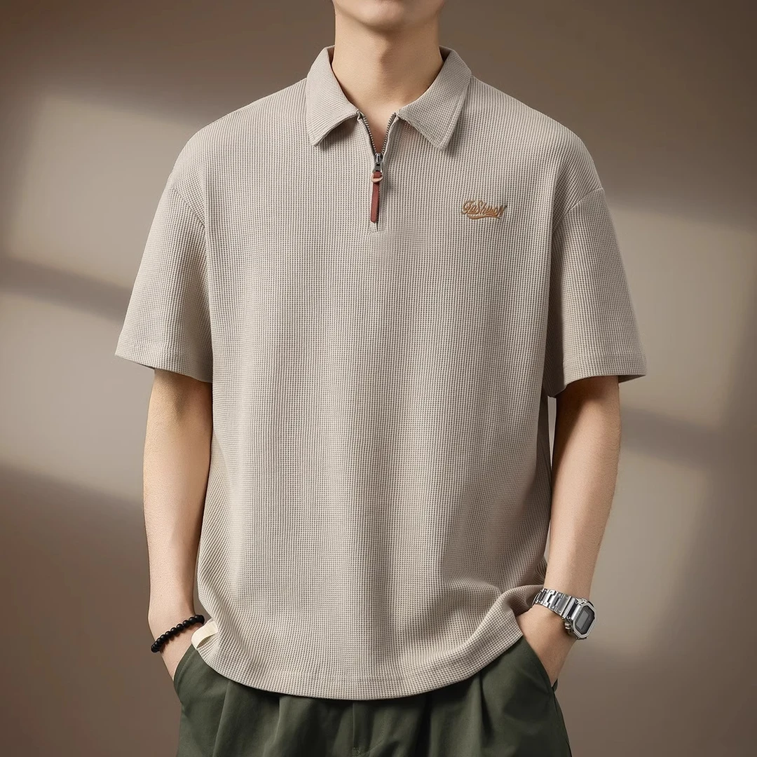 潮龛高端美式复古华夫格Polo衫男夏季半拉链重磅短袖五分袖T恤男