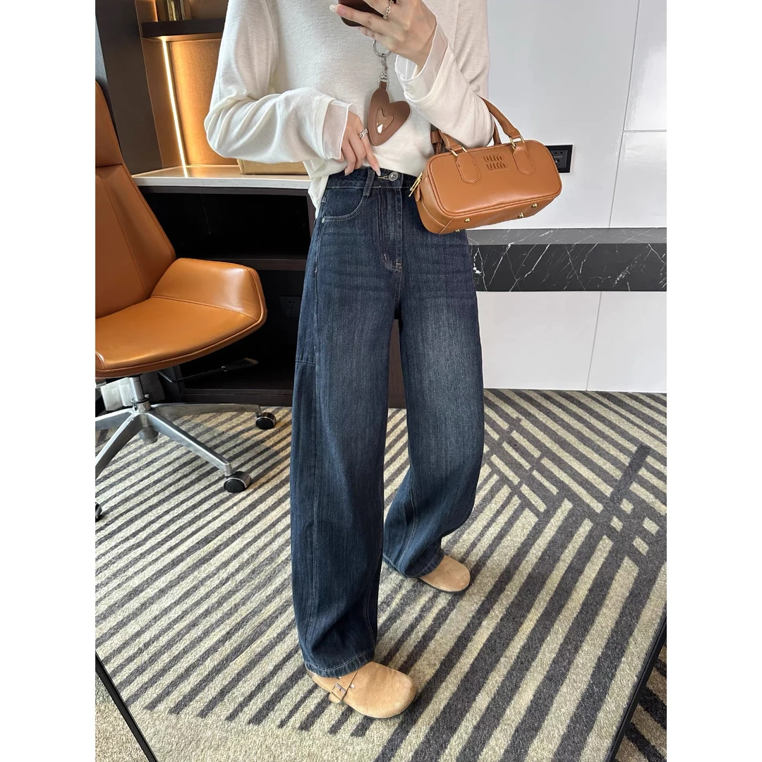 /复古蓝牛仔/竹节感阔腿弯刀牛仔裤宽松显瘦长裤 DTY96