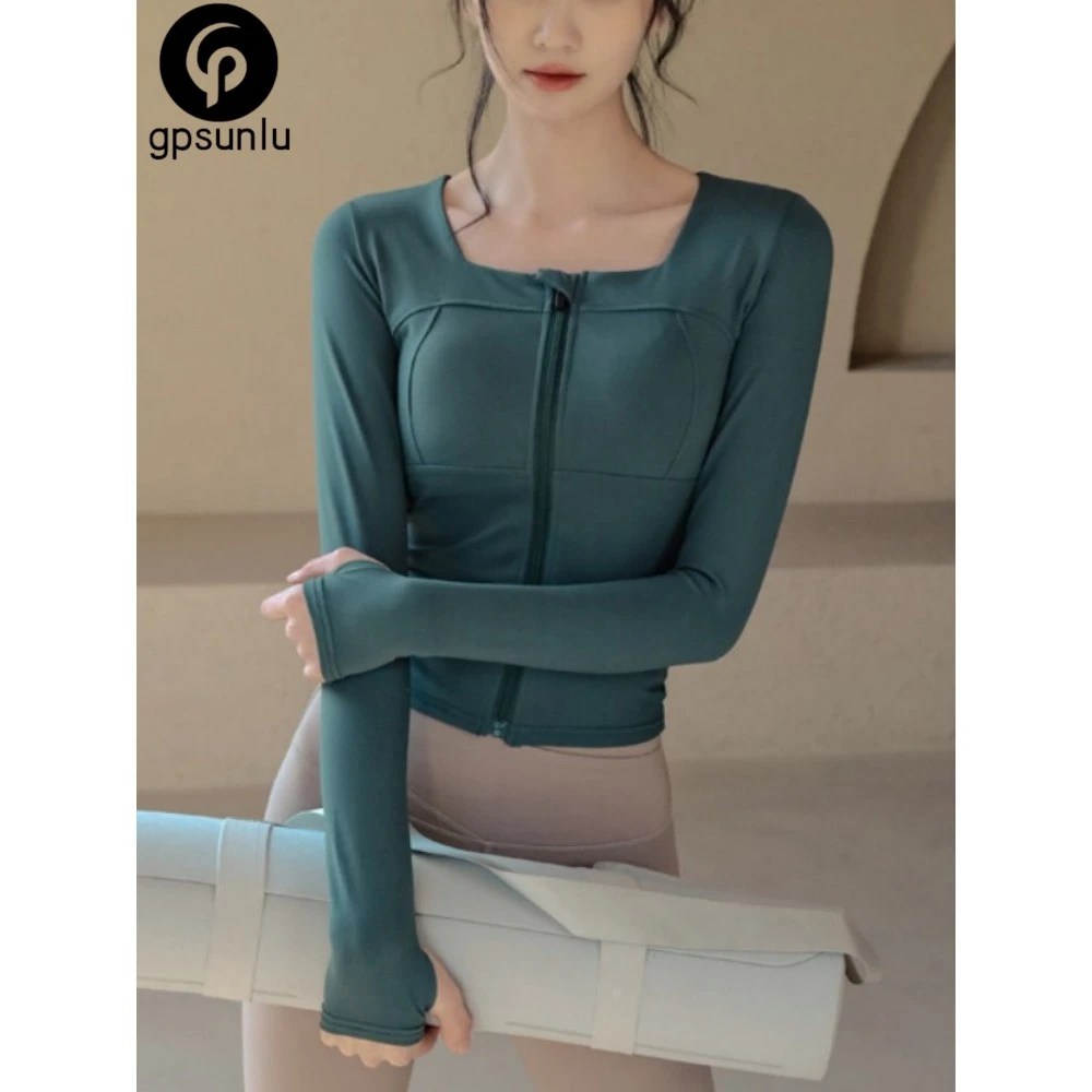 GPSUNLU瑜伽服外套普拉提带胸垫运动长袖拉链开衫速干跑步健身衣