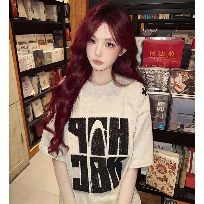 NASA ROAD美式个性潮牌短袖T恤女简约字母刺绣新款夏季情侣上衣服