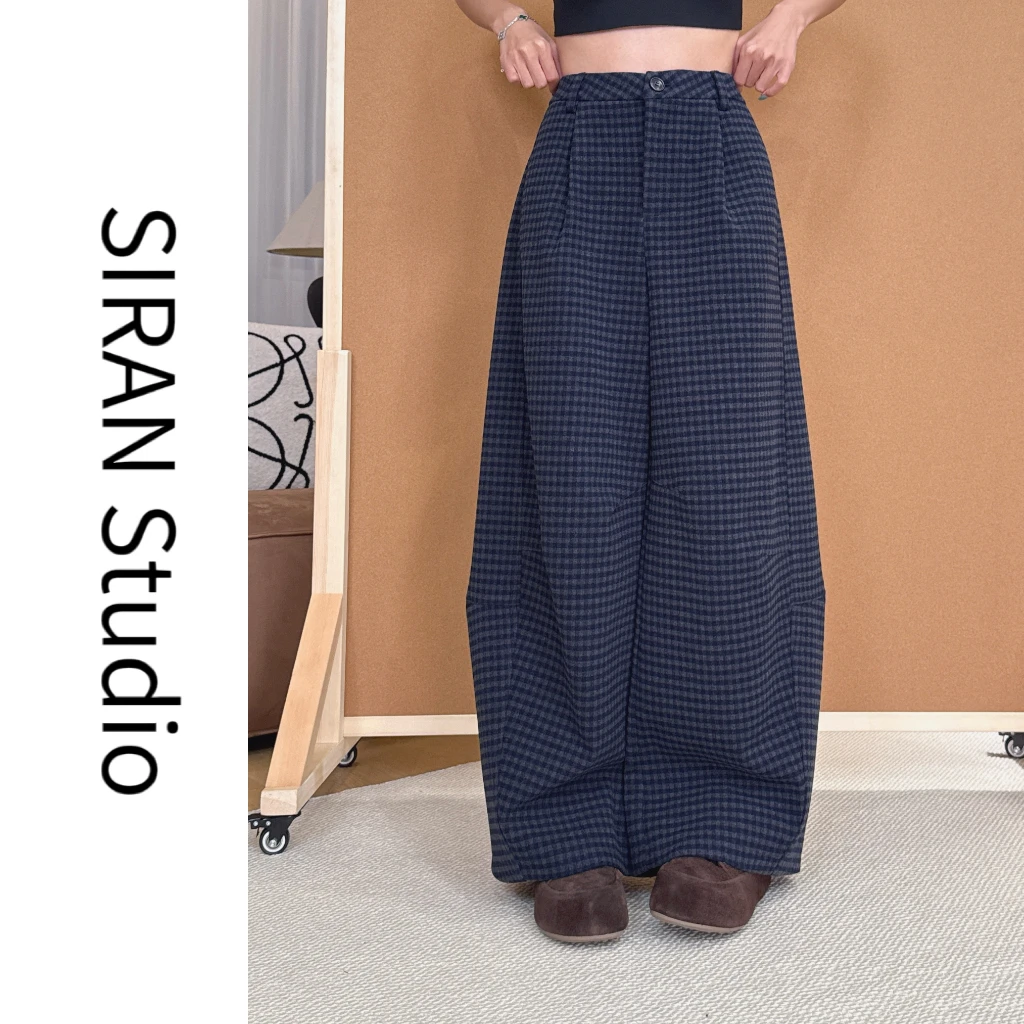 [SIRAN]【格子休闲裤】2025秋季带腰带立体剪裁透气显瘦阔腿裤