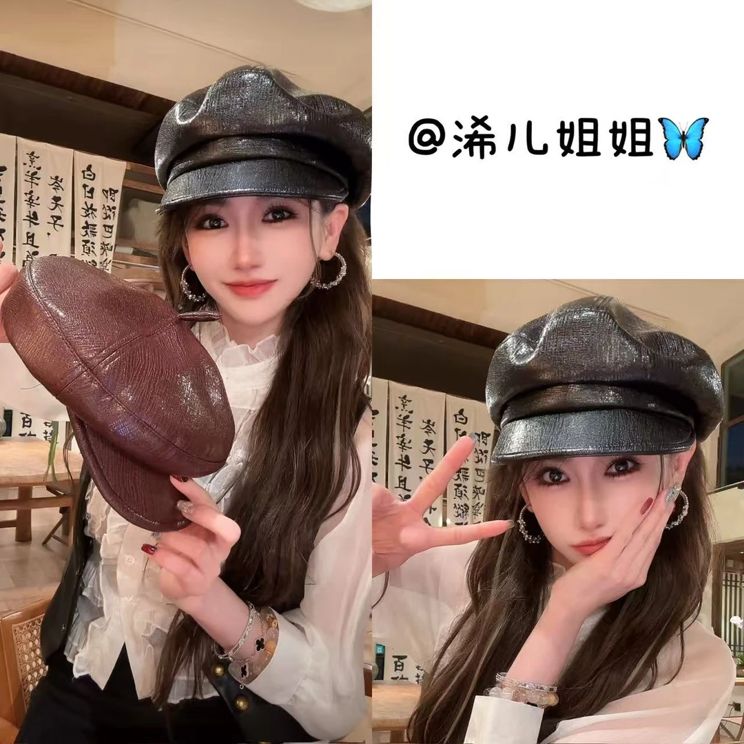 秋冬新款时尚皮质海军帽女士气质平顶鸭舌帽黑色百搭报童帽