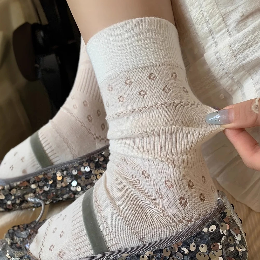 甜美jk袜奶油色春夏镂空小花中筒袜女薄款新疆棉透气无骨堆堆袜