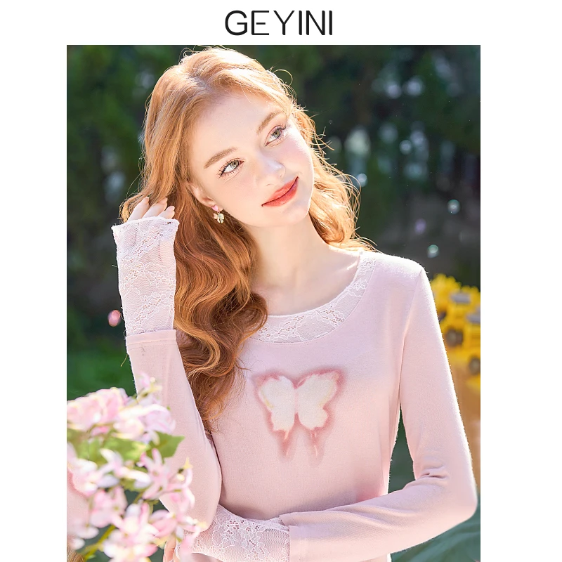 2025春季新款女装甜辣小个子修身显瘦蕾丝正肩粉色长袖T恤衫上衣