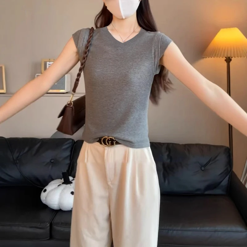 螺纹V领短袖t恤女夏季修身吊带背心显瘦打底衫百搭飞飞袖设计上衣