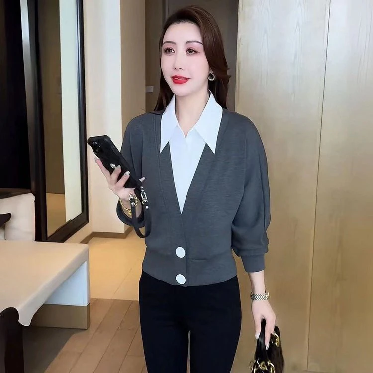 轻职风简约假两件拼接设计感长袖上衣2025春季新款宽松时髦小衫女