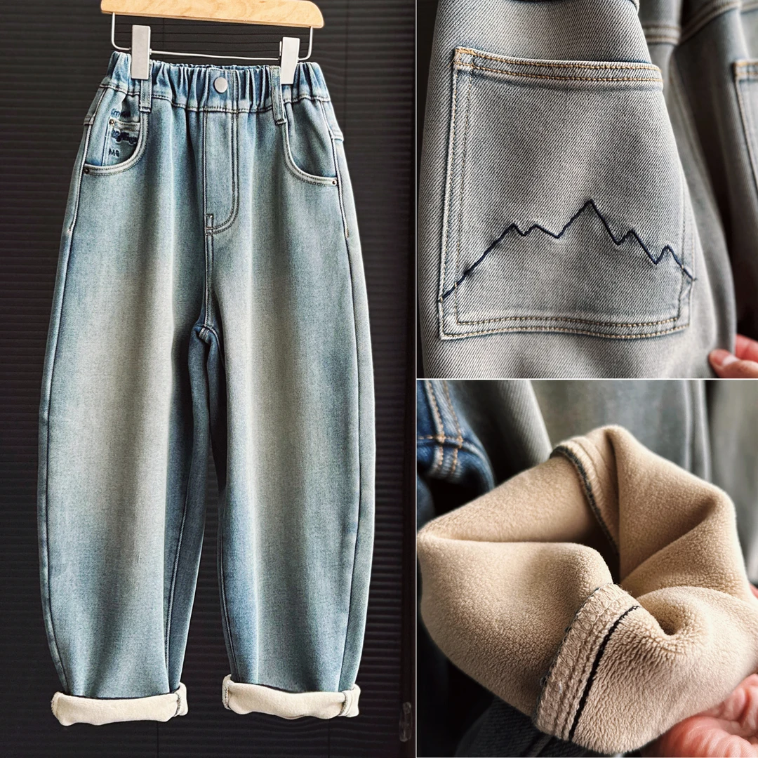 4Q401秋冬大童牛仔裤百搭儿童加绒加厚牛仔裤男童儿童潮牌牛仔裤