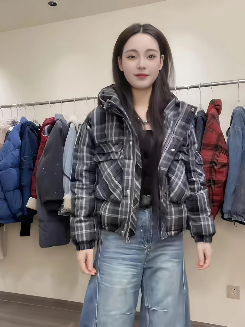 爆款超好看复古格子连帽羽绒服女2025冬季新款加厚白鸭绒外套