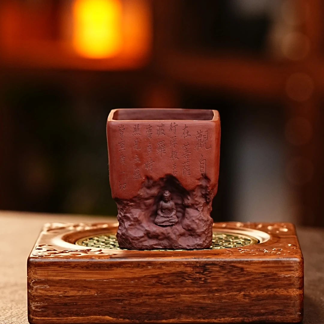 宜兴正宗紫砂四方心经佛像杯全手工紫砂茶器紫砂主人杯网红茶器
