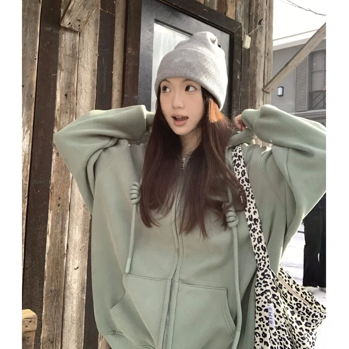 浅绿色加绒加厚连帽卫衣女秋冬季慵懒风简约宽松百搭开衫外套上衣