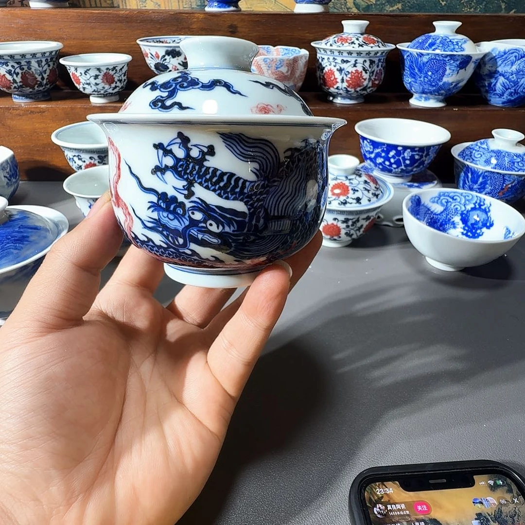 泥塑盖碗手工手绘微瑕