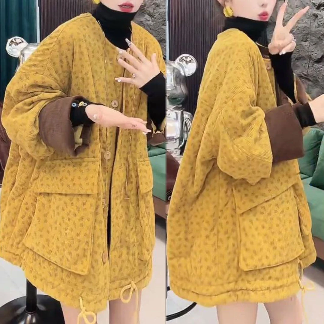 韩系减龄印花长袖棉衣2025秋冬新款时尚洋气设计感单排扣圆领上衣