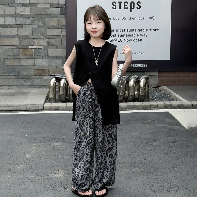 女童夏季无袖套装2025新款6-12岁慵懒风大童复古气质阔腿裤两件套