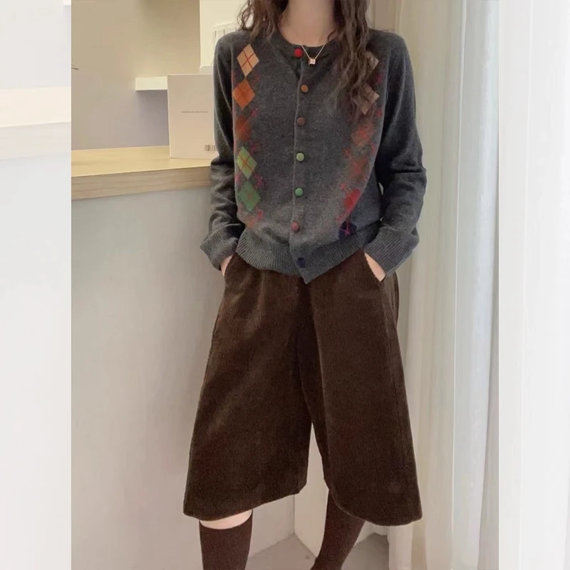 菱格设计感长袖针织开衫女秋季胖妹妹宽松显瘦慵懒风软糯毛衣外套