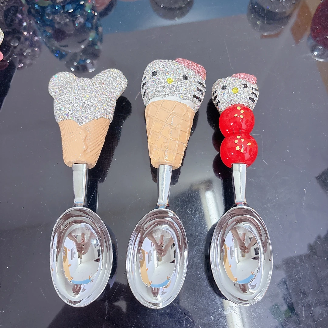 镶钻KT猫冰淇淋勺家用创意卡通可爱甜品勺高颜值饭勺汤咖啡勺勺子
