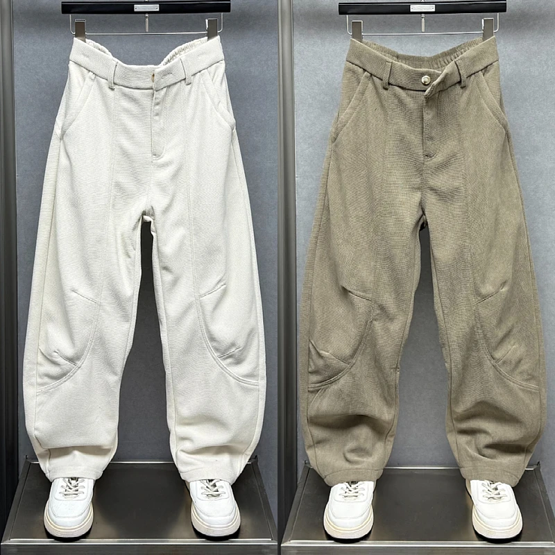秋冬新款灯芯绒男士弯刀裤潮牌宽松直筒纯色休闲裤痞帅拼接哈伦裤