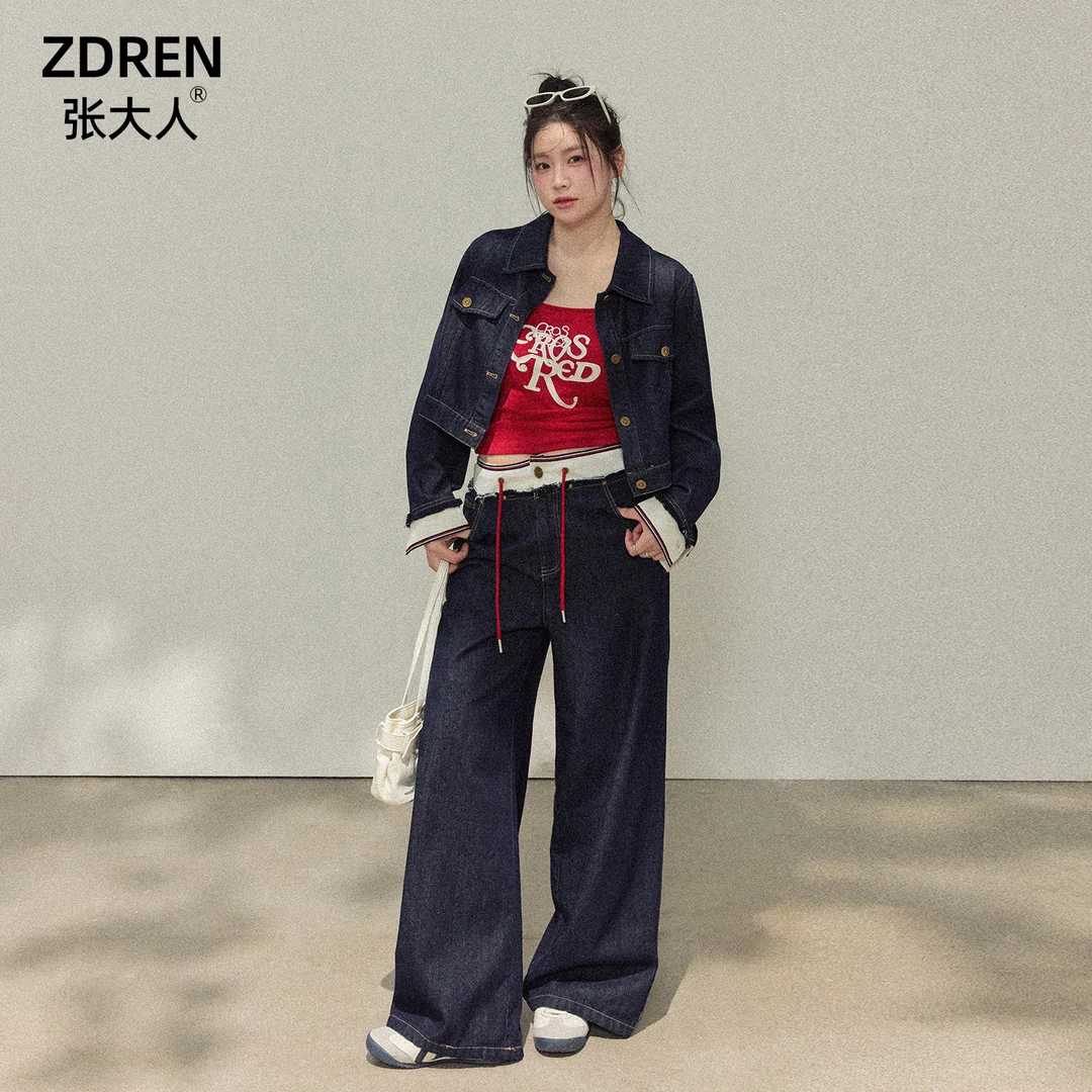 张大人【牛仔率性】大码女装微胖妹妹美式复古牛仔外套阔腿裤套装