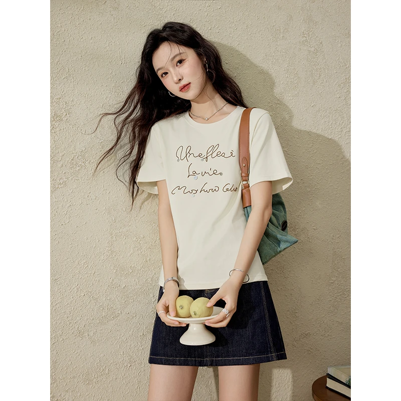 谜秀字母拱桥绣T恤女2025春夏短袖棉哑银刻字圆片上衣时尚女休闲