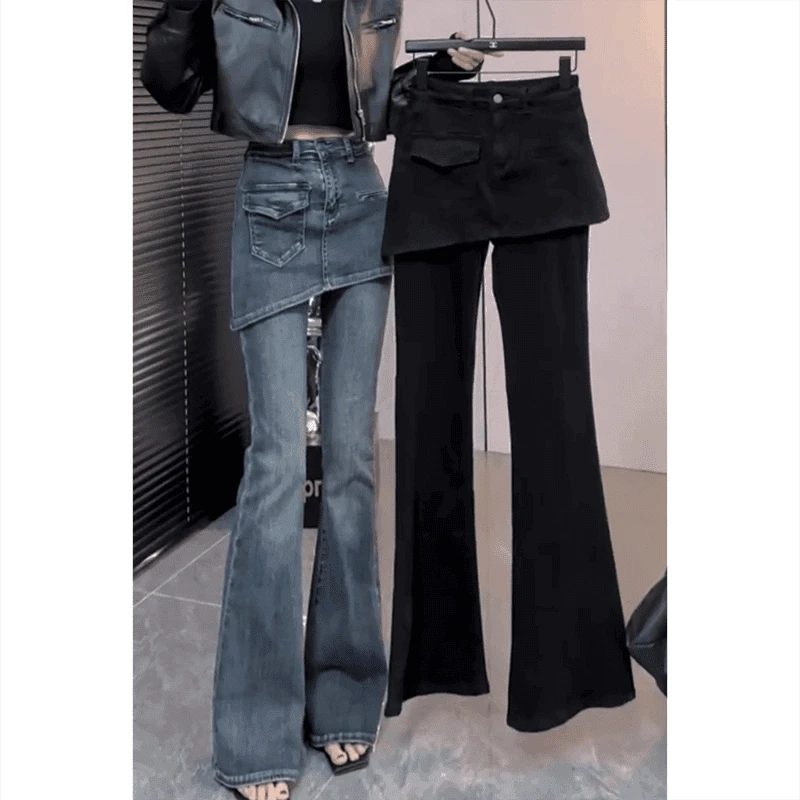 大码高腰显瘦假两件微喇牛仔裤子女款2025秋冬胖mm弹力修身马蹄裤