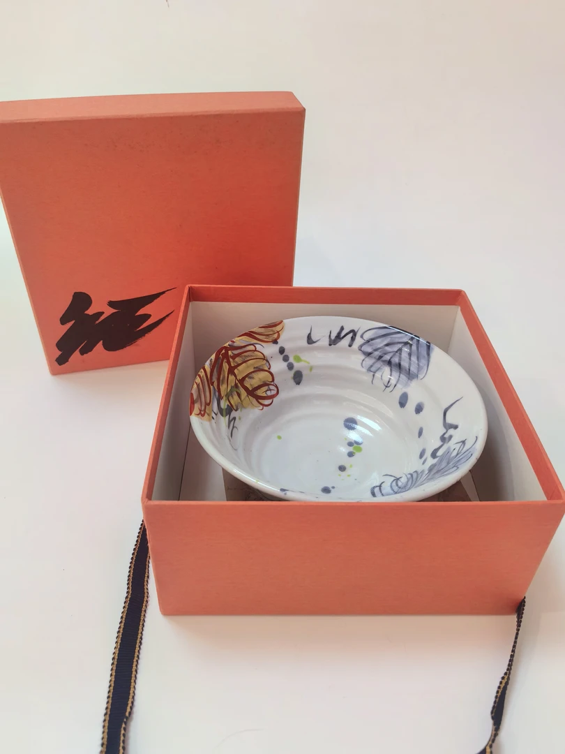 清水烧名家 梅田纯一 手作 赤绘金彩青花 果子钵 盛器