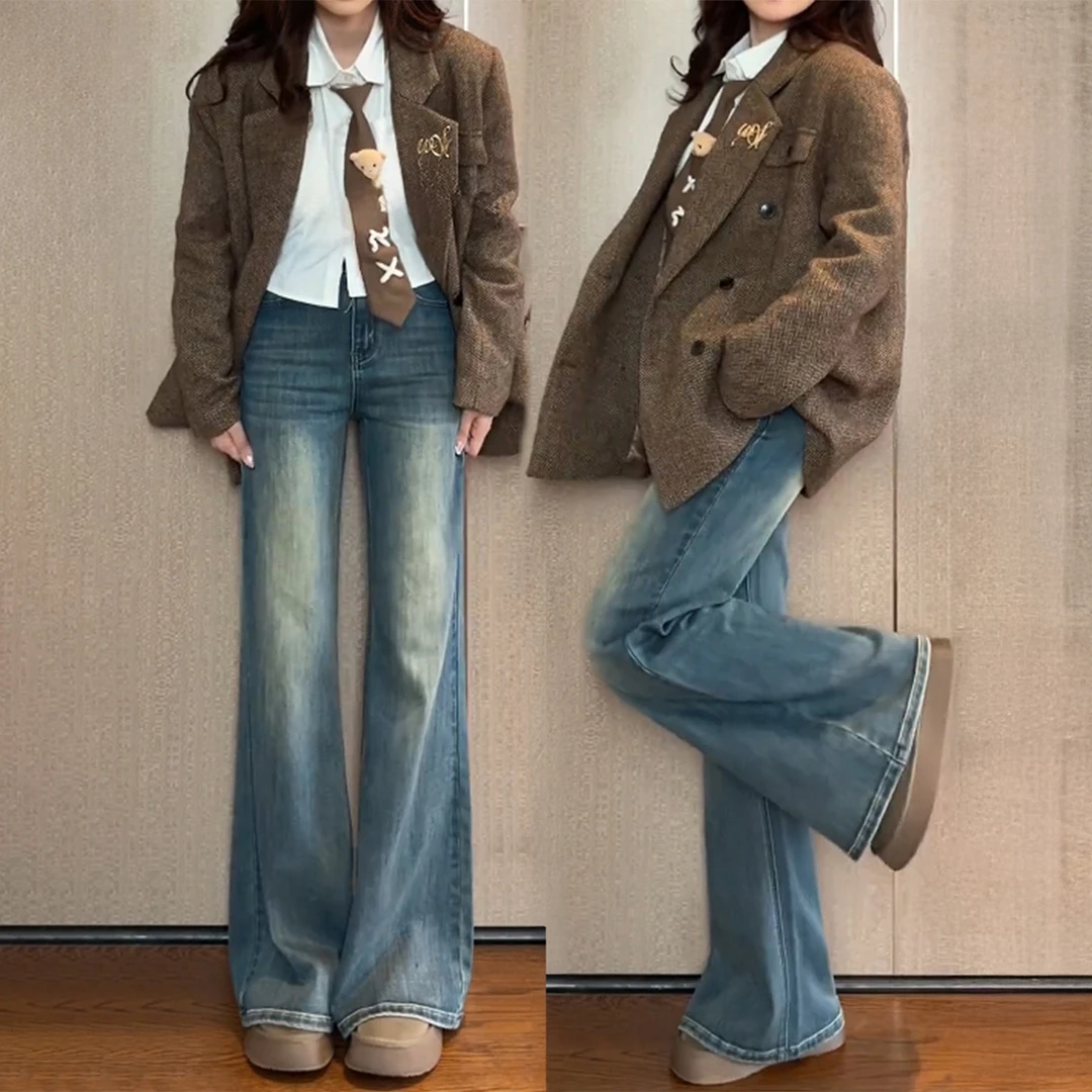 复古蓝美式微喇牛仔裤女秋季新款胖妹妹mm高腰遮胯修身弹力喇叭裤