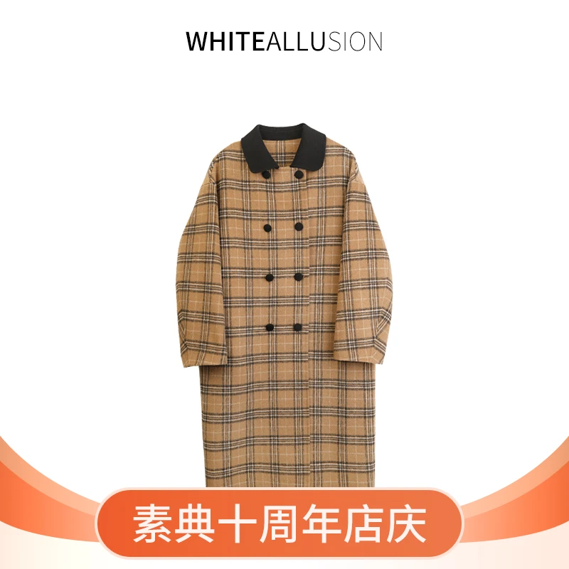 清仓【3524】绵羊毛双面毛呢大衣格子撞色翻领呢子外套