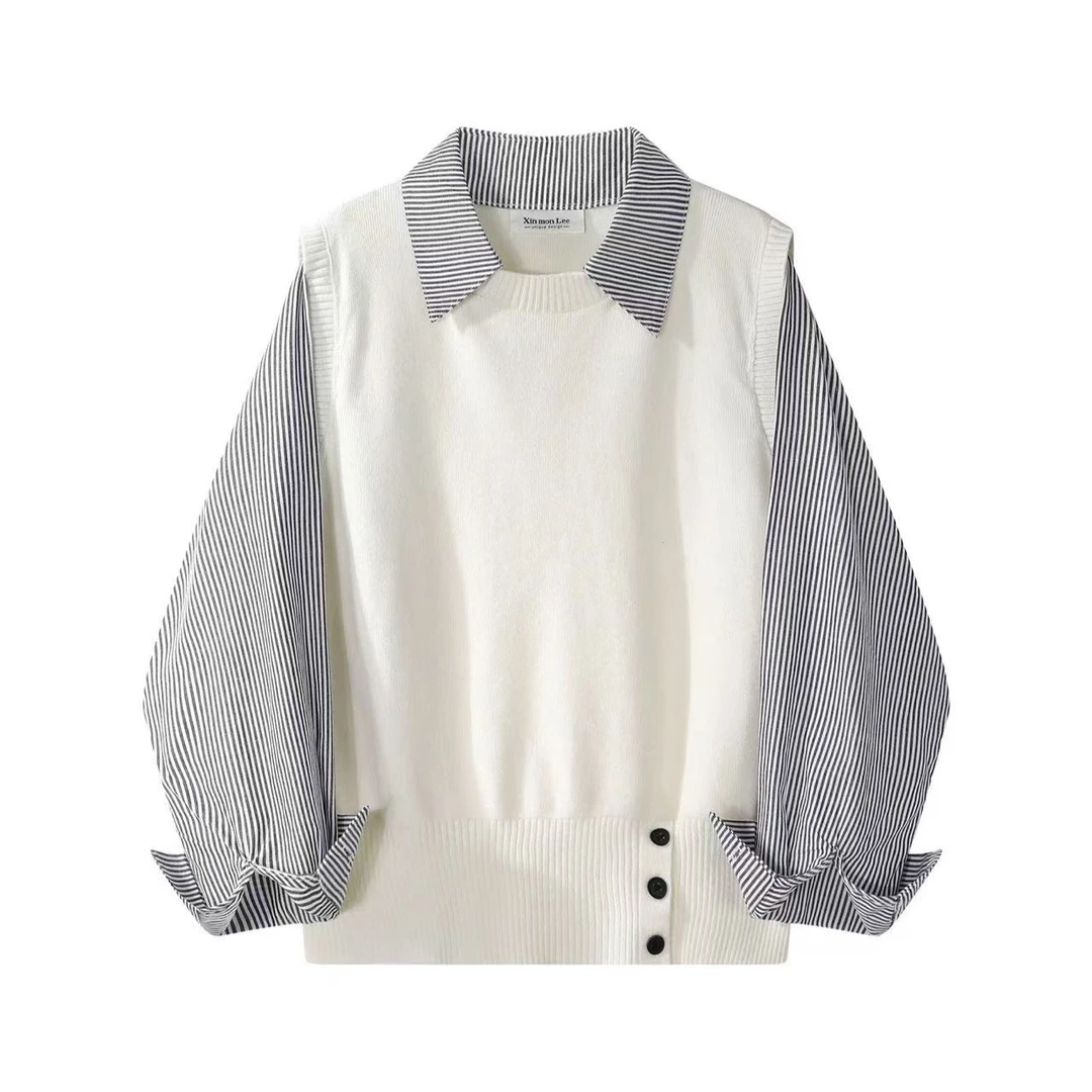 秋季新款法式拼接针织假两件条纹衬衫女装高级设计感长袖针织