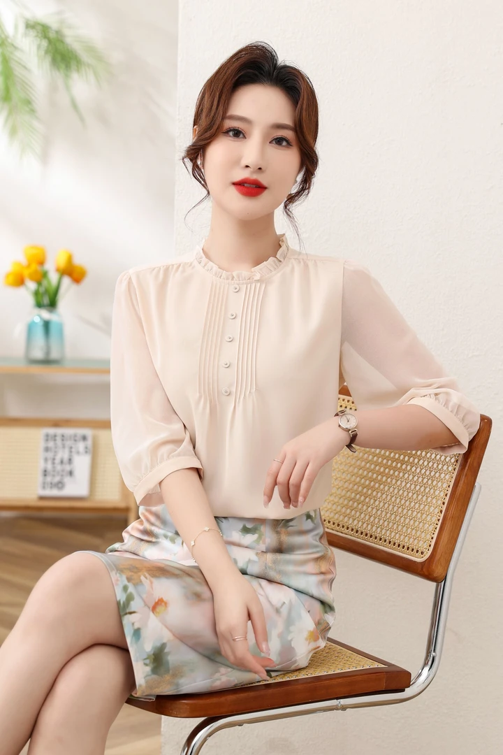 A中袖法式夏季常规轻职风钉珠衬衫女装圆领减龄雪纺衫8089