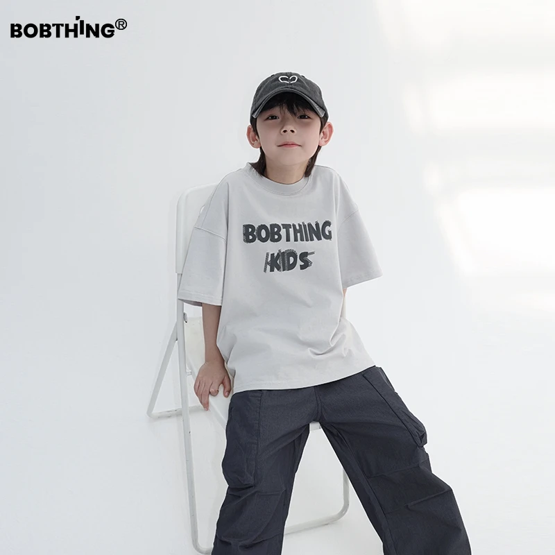 男童夏装2025新款儿童个性字母白灰短袖T恤衫中大童品质棉体恤