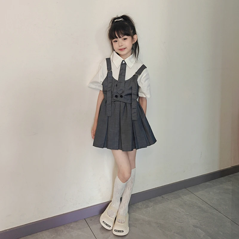 女童夏季套装2025新款小女孩夏装学院风儿童衬衫马甲百褶裙三件套
