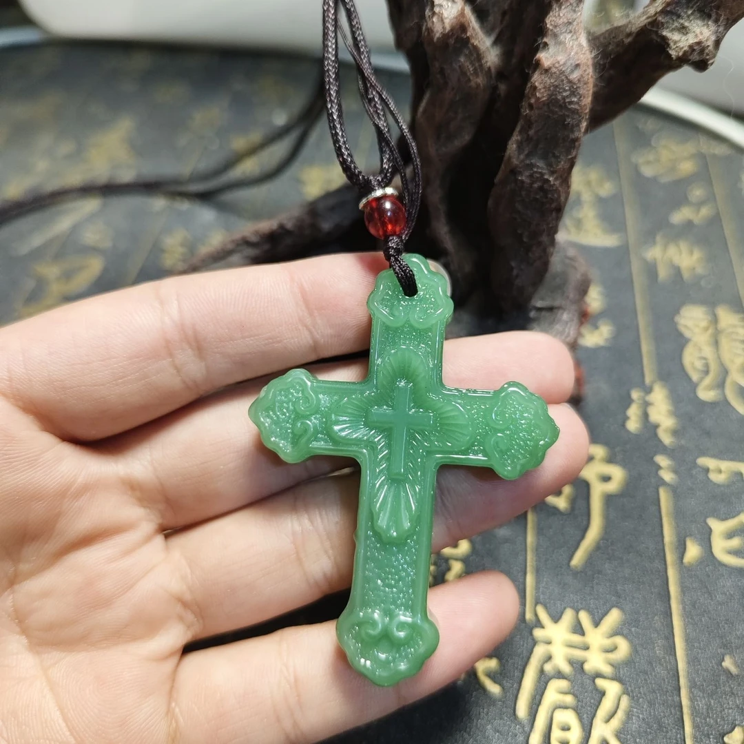 永久不掉色浅绿色十字架吊坠项链男女款吊坠节日礼物027玉玉石