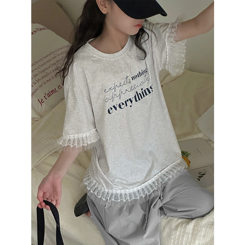 K28412蕾丝边女童夏装短袖T恤夏装新款2025女童儿童半袖休闲上衣t