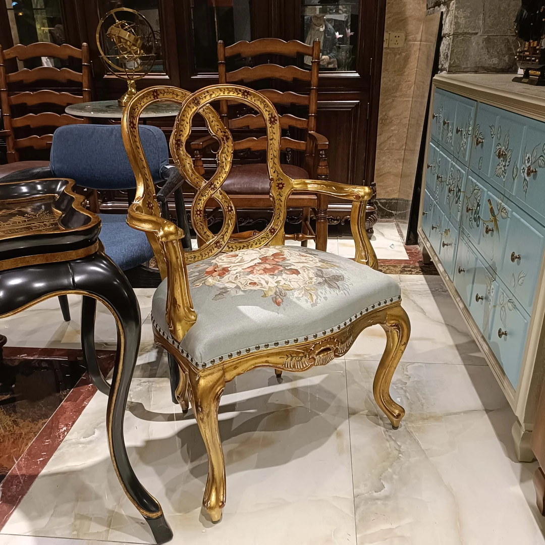 美式复古法式古典欧式奢华雕花书椅做旧桌椅 630*640*925Hmm