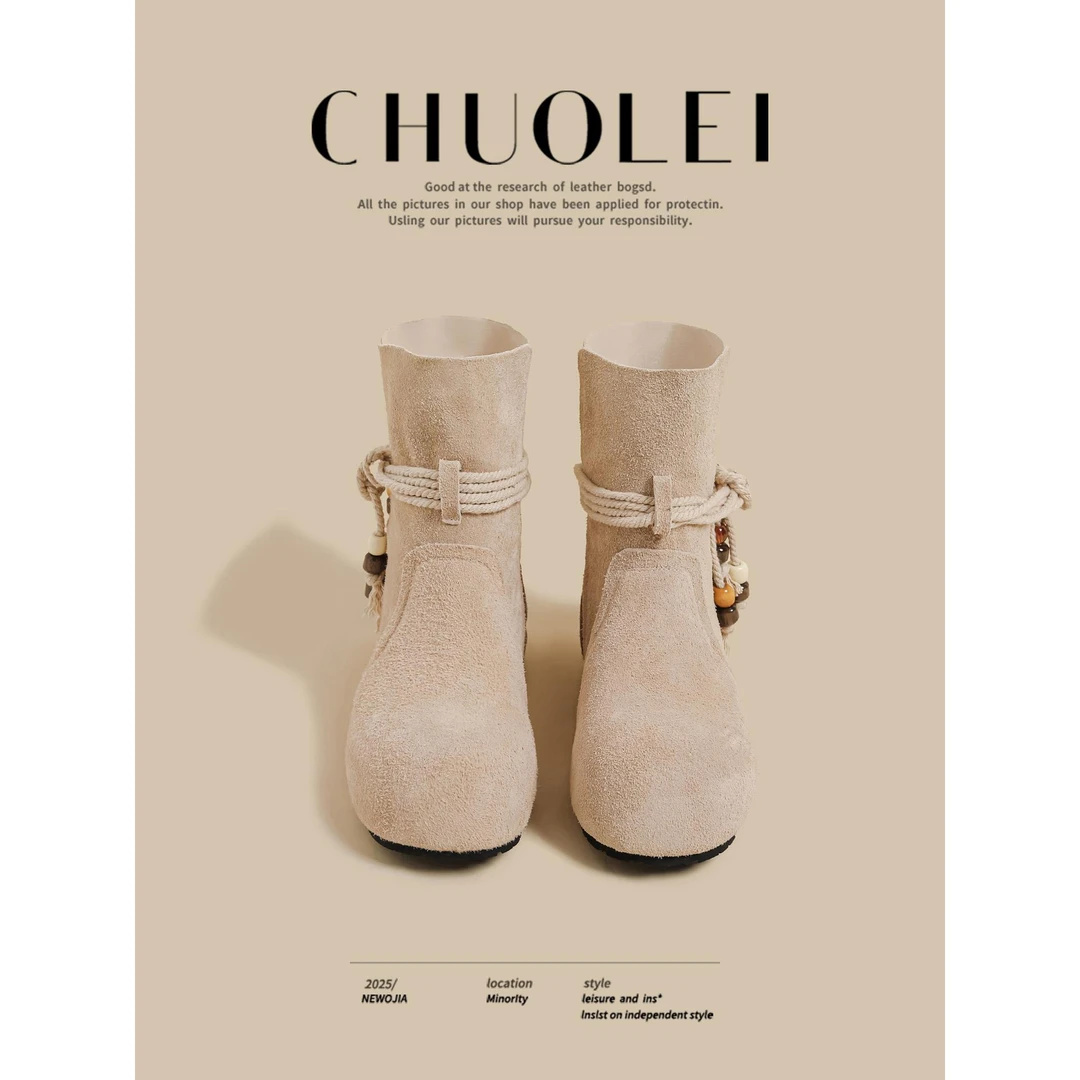 【CREW KNOW官方正品】2025秋冬季新款平底马丁靴女覆古绒面串珠小