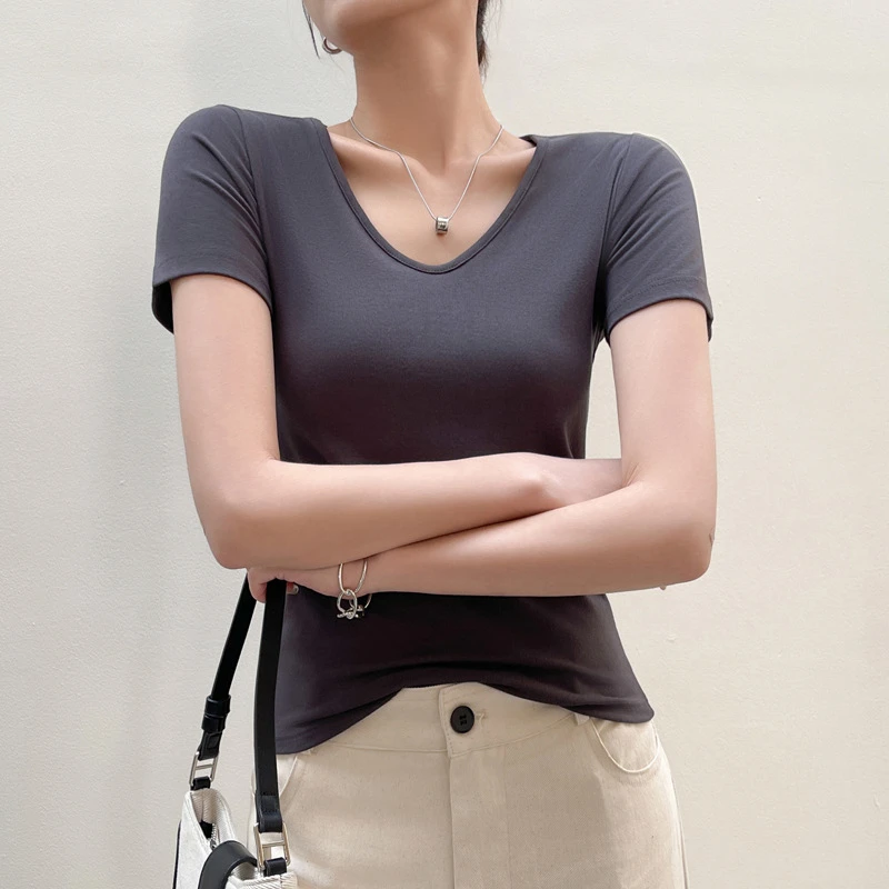 甜辣显瘦短袖T恤女V领正肩夏季可外穿修身大码设计感时尚穿搭上衣