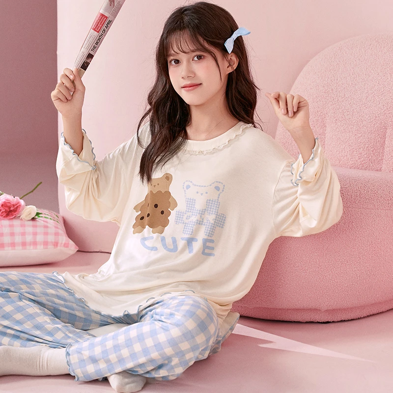中大童莫代尔睡衣套装女童春秋季长袖小熊儿童家居服春夏季6-12岁