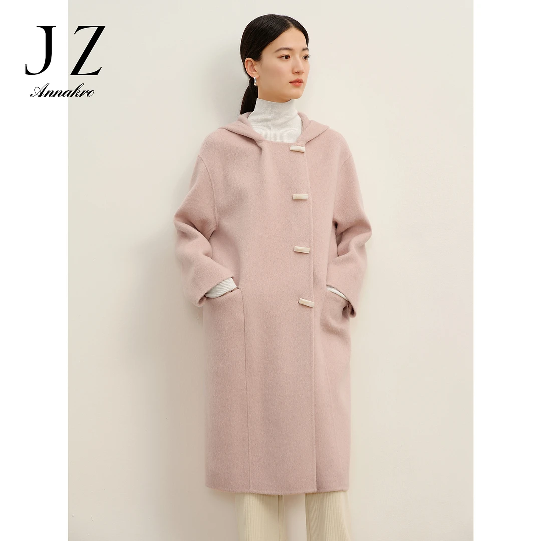 【丽公主专属】玖姿·安娜蔻JTDD72120帽领落肩双面呢羊毛长大衣女