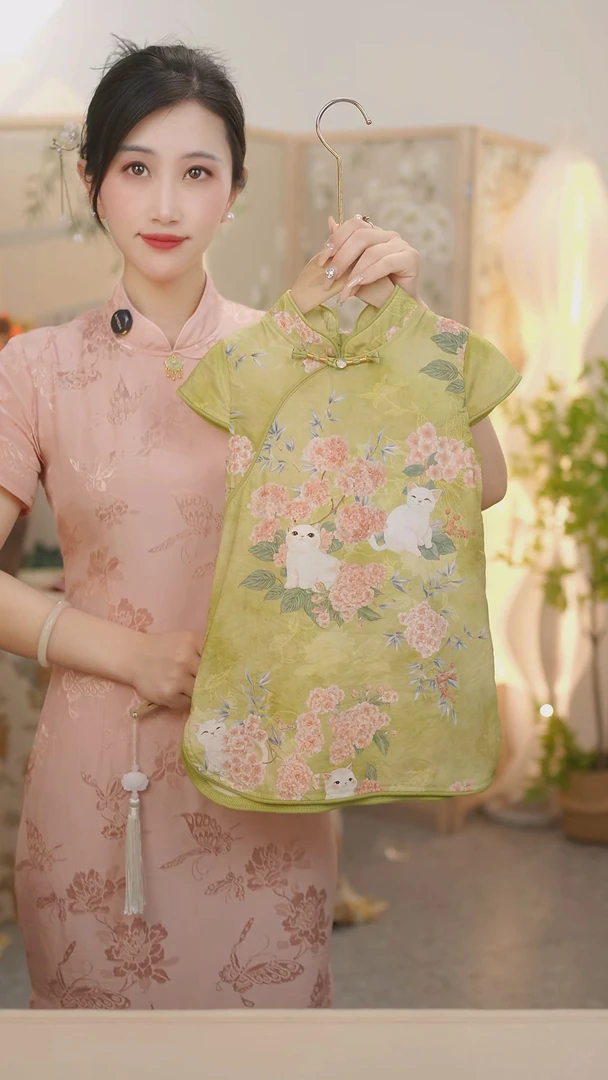 现货【团绒】SC123女童夏季2025新中式古风猫咪新款旗袍裙