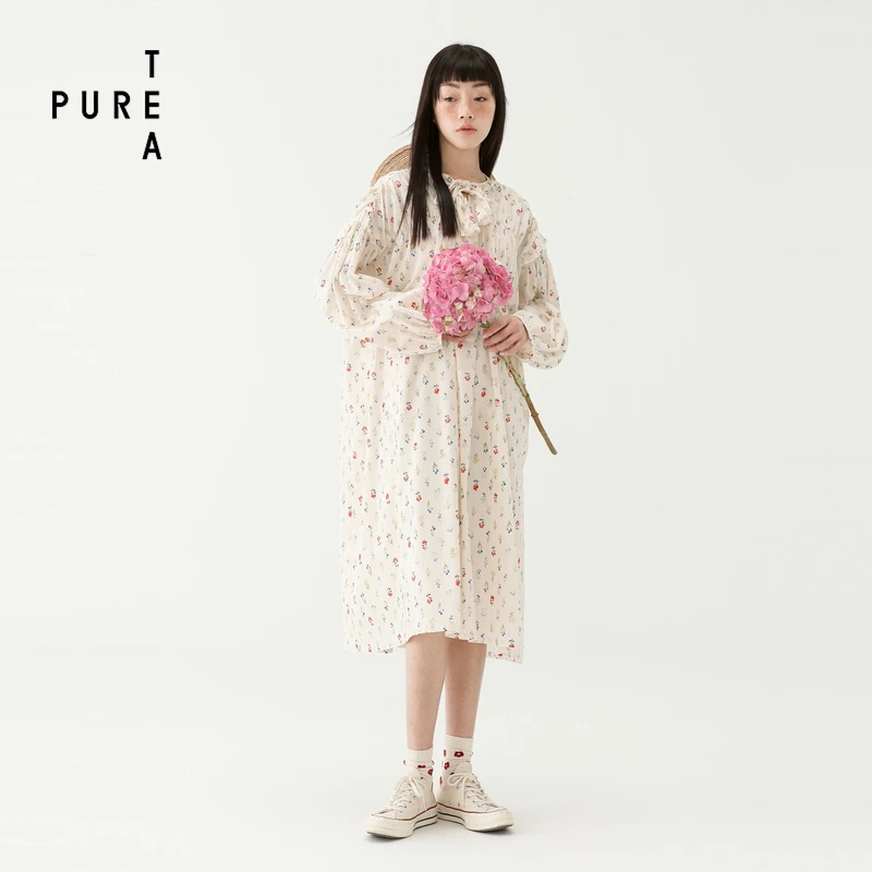 泡泡袖文艺印花圆领长罩衫女TD2403331