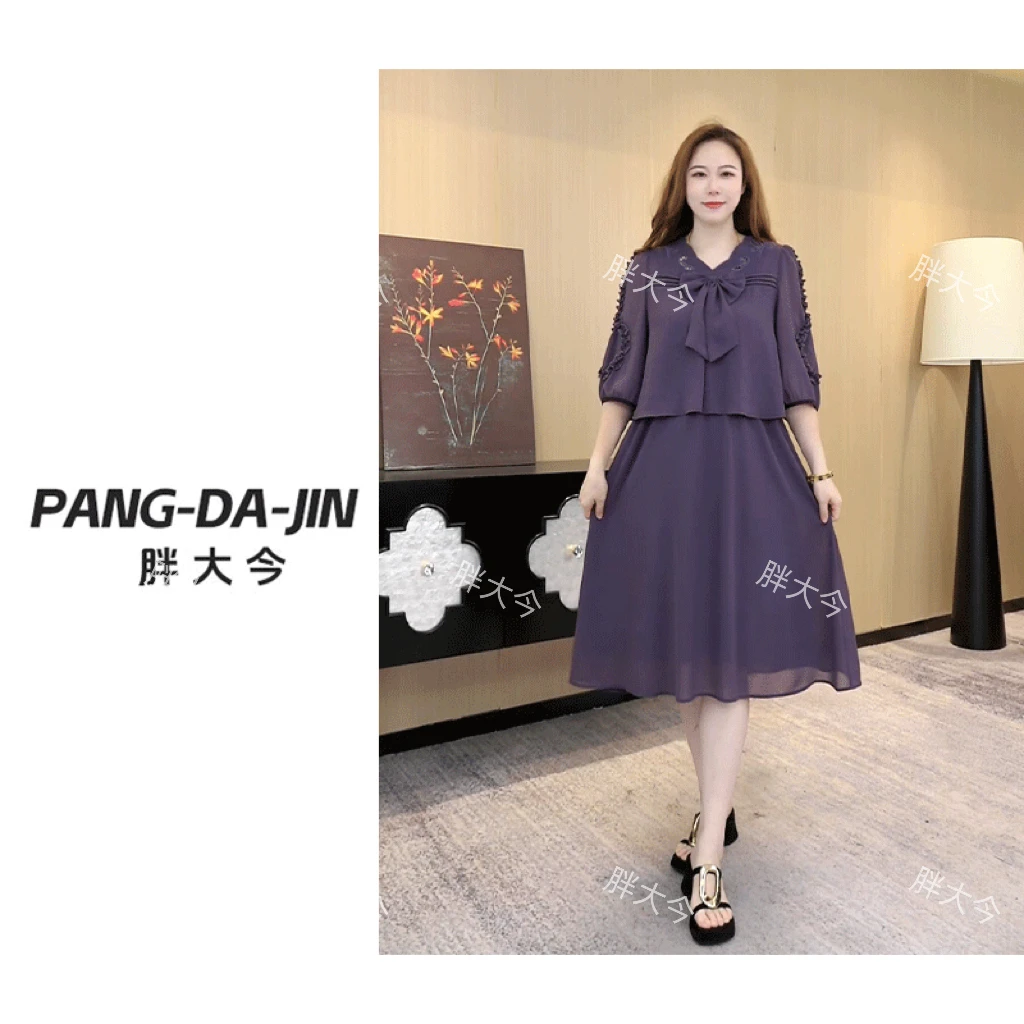 胖大今大码女装夏季新款大方显瘦设计感镂空蝴蝶结连衣裙ZB7080