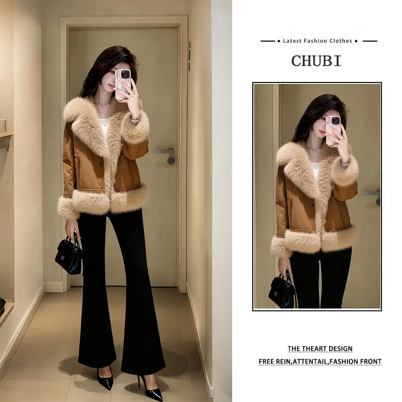 2025冬季套装女2025新款小香风气质翻领毛绒外套显瘦微喇裤两件套